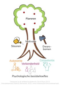 Deze boom vat de zelfdeterminatietheorie (Deci & Ryan) samen. Ontwerp Matthijs Steeneveld, uitgegeven bij het Motivatiekaartspel.